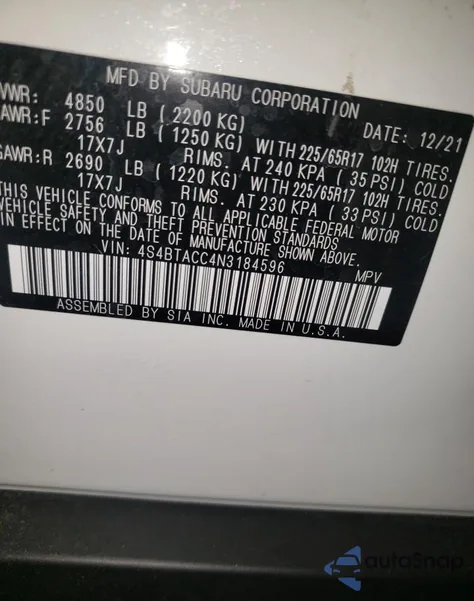 2022 Subaru Outback Premium z USA, uszkodzony, nr VIN 4S4BTACC4N3184596